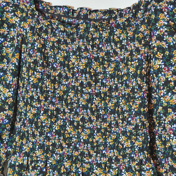 Max Studio Floral Peplum Top Blouse Smocked Blue Pink Yellow Boho Cottagecore L - Picture 6 of 12